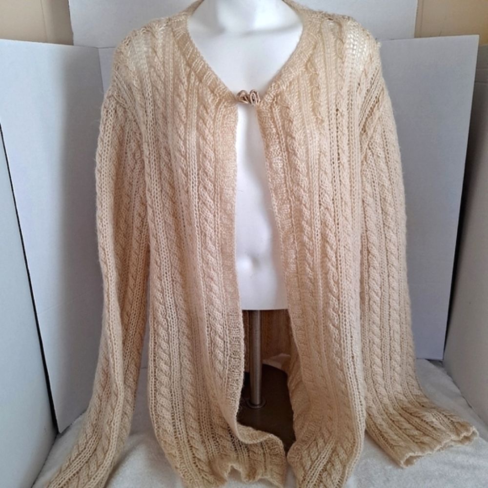 Vintage Mohair Cardigan Sweater Beige Tan Ivory Long Bell Sleeve Frog Close